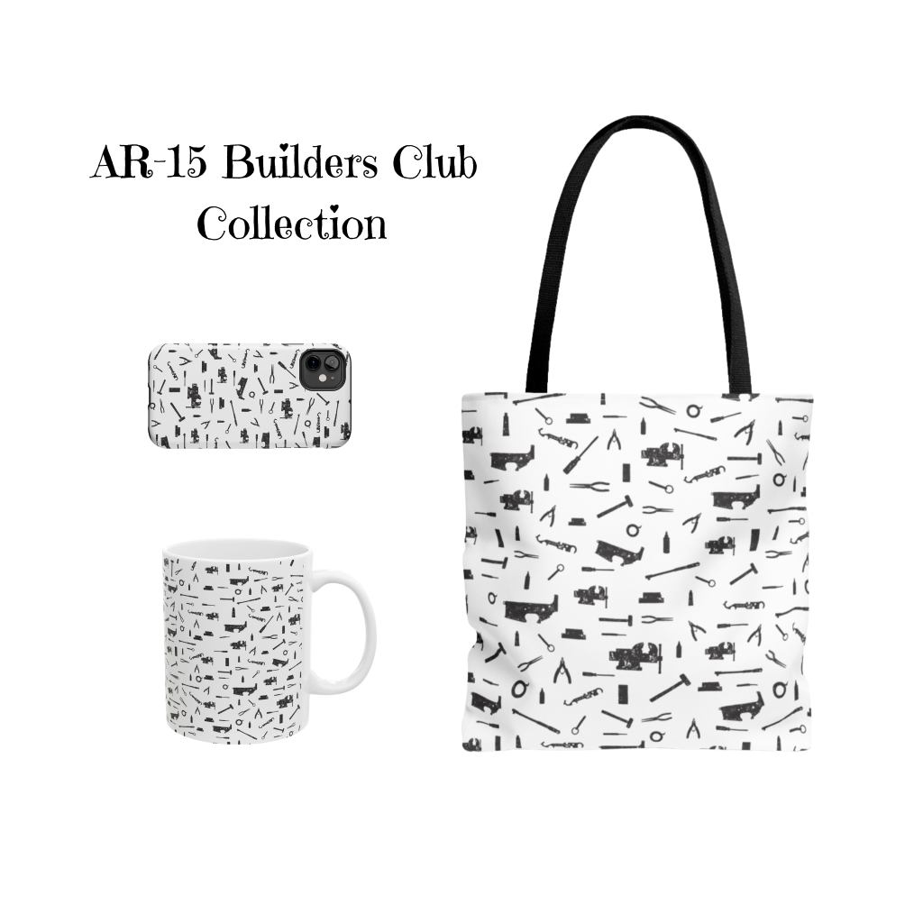 AR-15 Builders Club men's T-shirt featuring all-over print of tools and rifle parts for gun enthusiasts