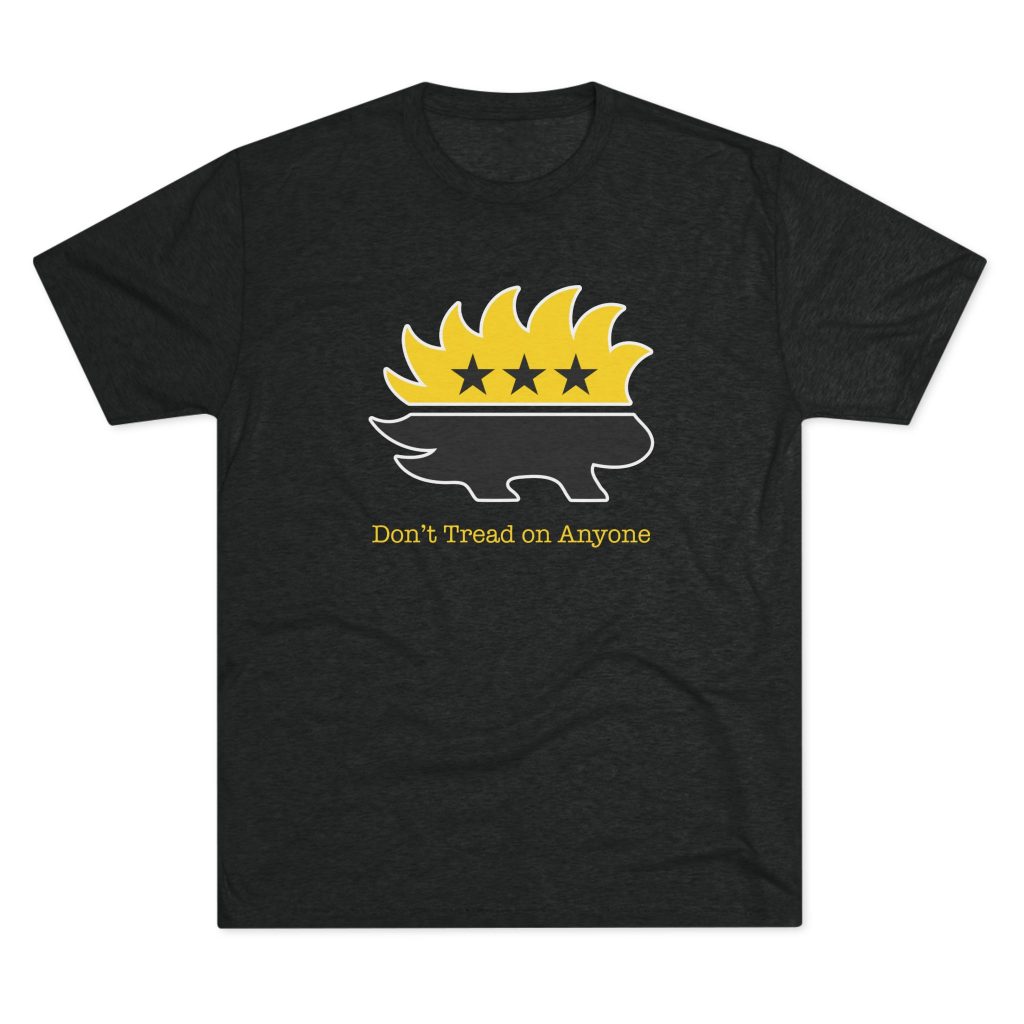 Men's T-shirt with bold 'Don't Tread On Anyone' porcupine design symbolizing freedom, independence, and constitutional rights