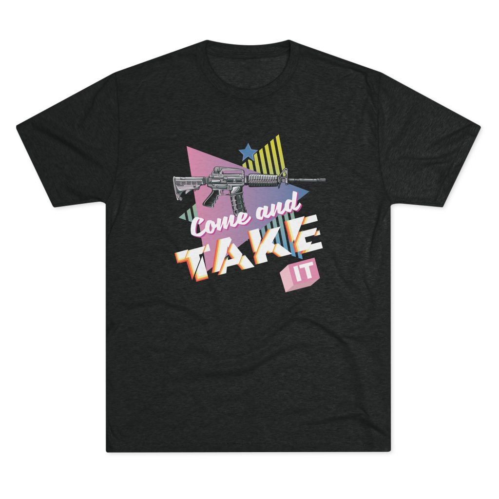 Retro-futuristic men's T-shirt featuring a neon blue and pink AR-15 in a futurewave aesthetic inspired by the classic 'Come and Take It' flag