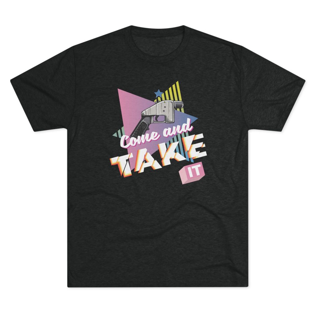 Vaporwave-style men's T-shirt with a neon pink and blue 3D-printed ghost gun inspired by the classic 'Come and Take It' flag