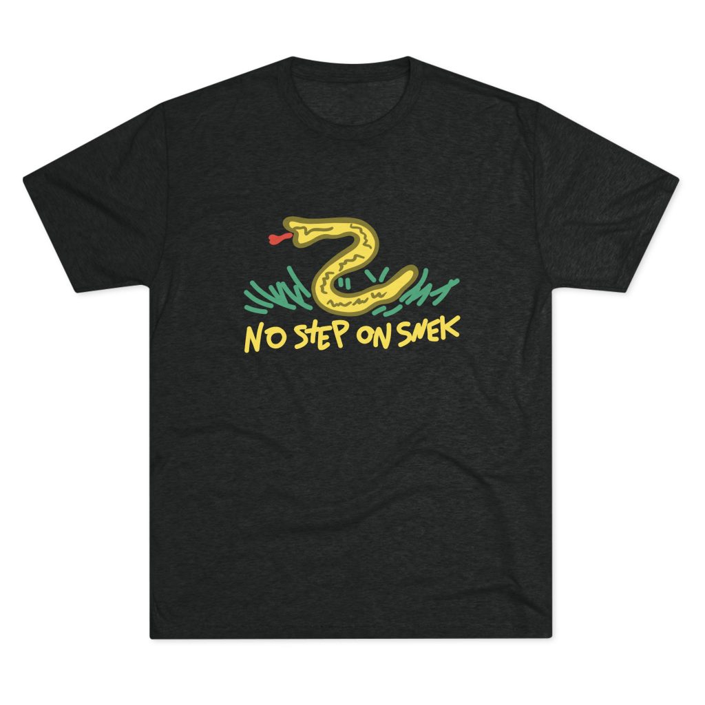 No Step On Snek men’s T-shirt featuring a neon Gadsden flag design over a Betsy Ross flag star wheel, symbolizing freedom and resistance to tyranny