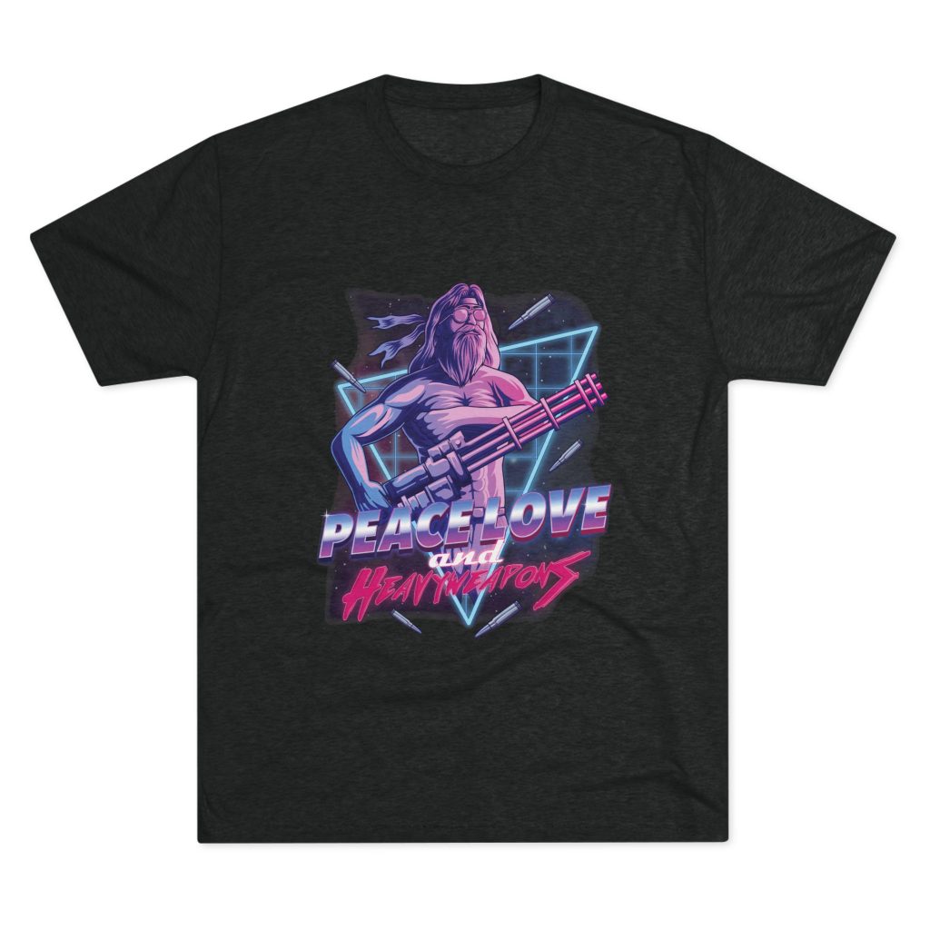 Peace Love and Heavy Weapons Collection design combining hippie peace symbols with bold pro-freedom combat imagery