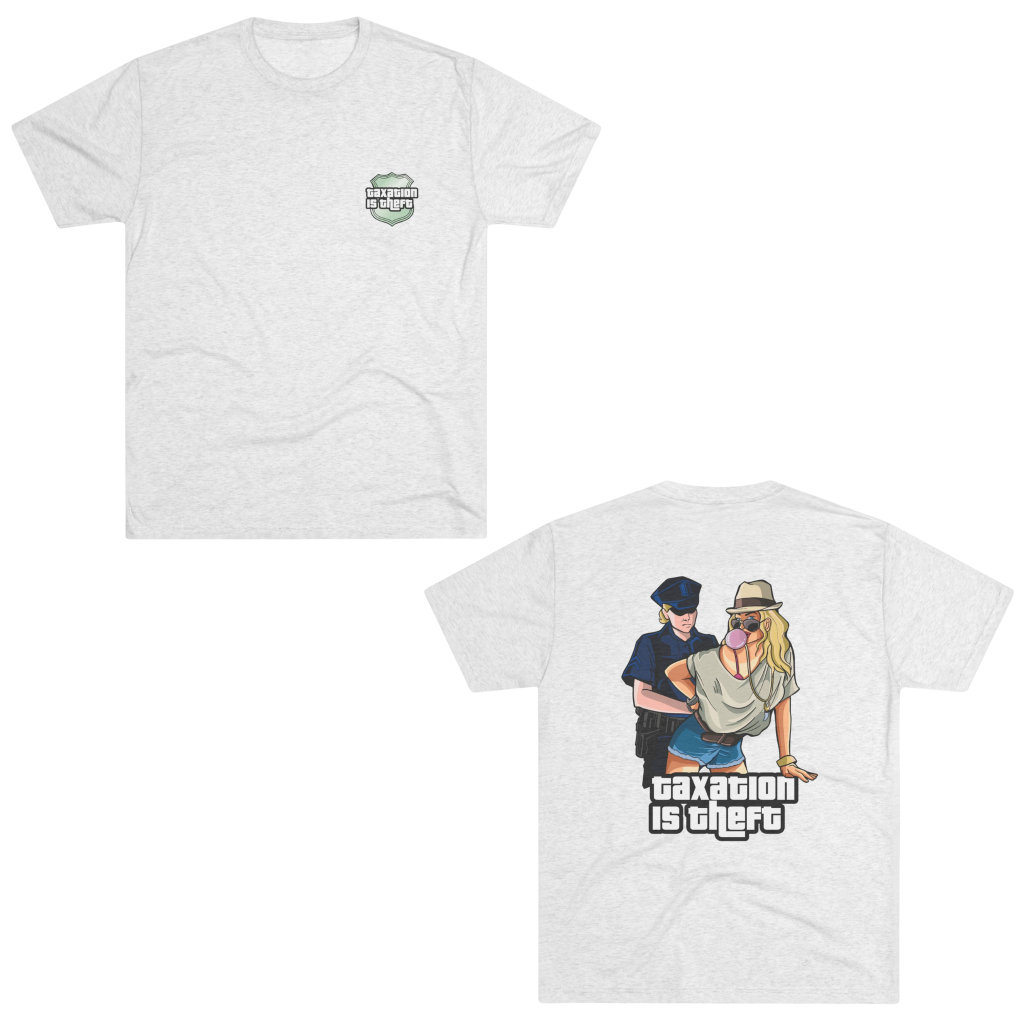 “Taxation Is Theft GTA Graphic” men’s t-shirt with bold Grand Theft Auto–inspired design, satirizing government taxation and economic control
