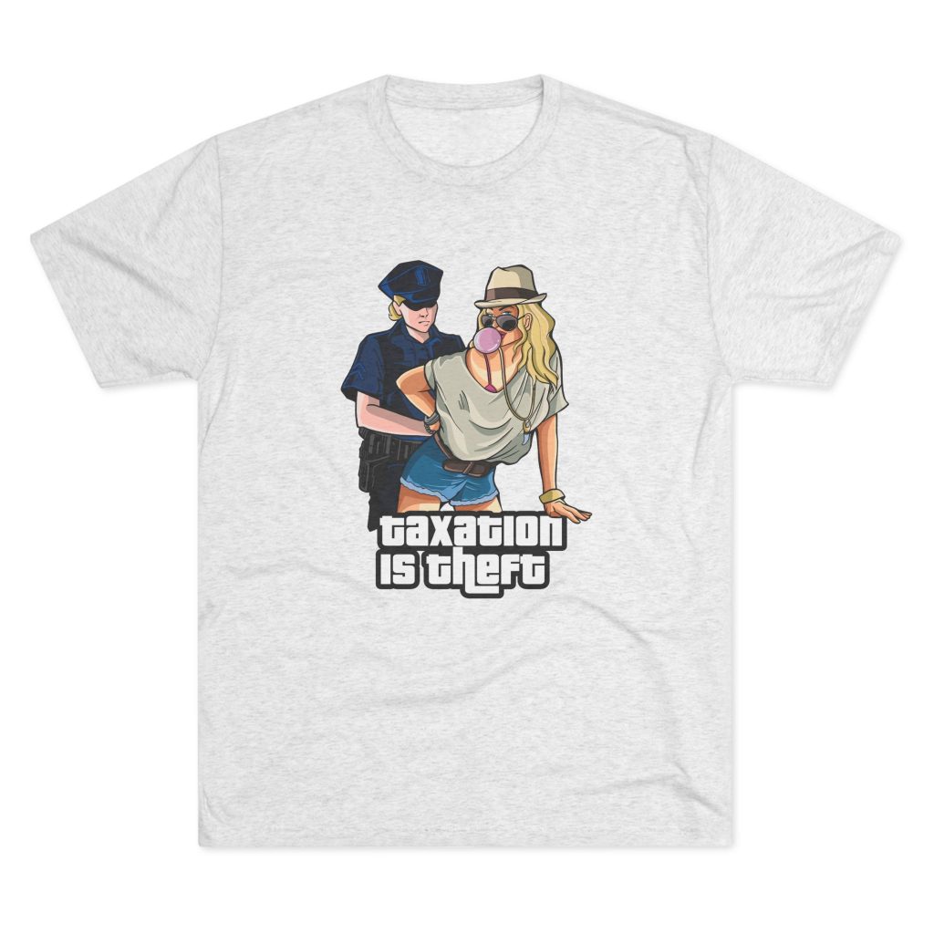 “Taxation Is Theft GTA Graphic” men’s t-shirt with bold Grand Theft Auto–inspired design, satirizing government taxation and economic control