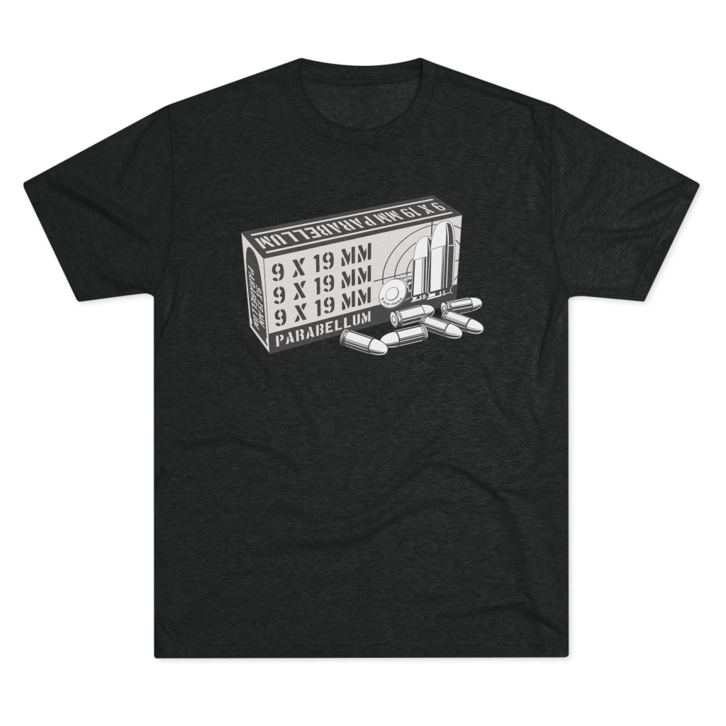 The 9MM men's T-shirt featuring a bold 9x19mm Parabellum design for firearm and shooting enthusiasts