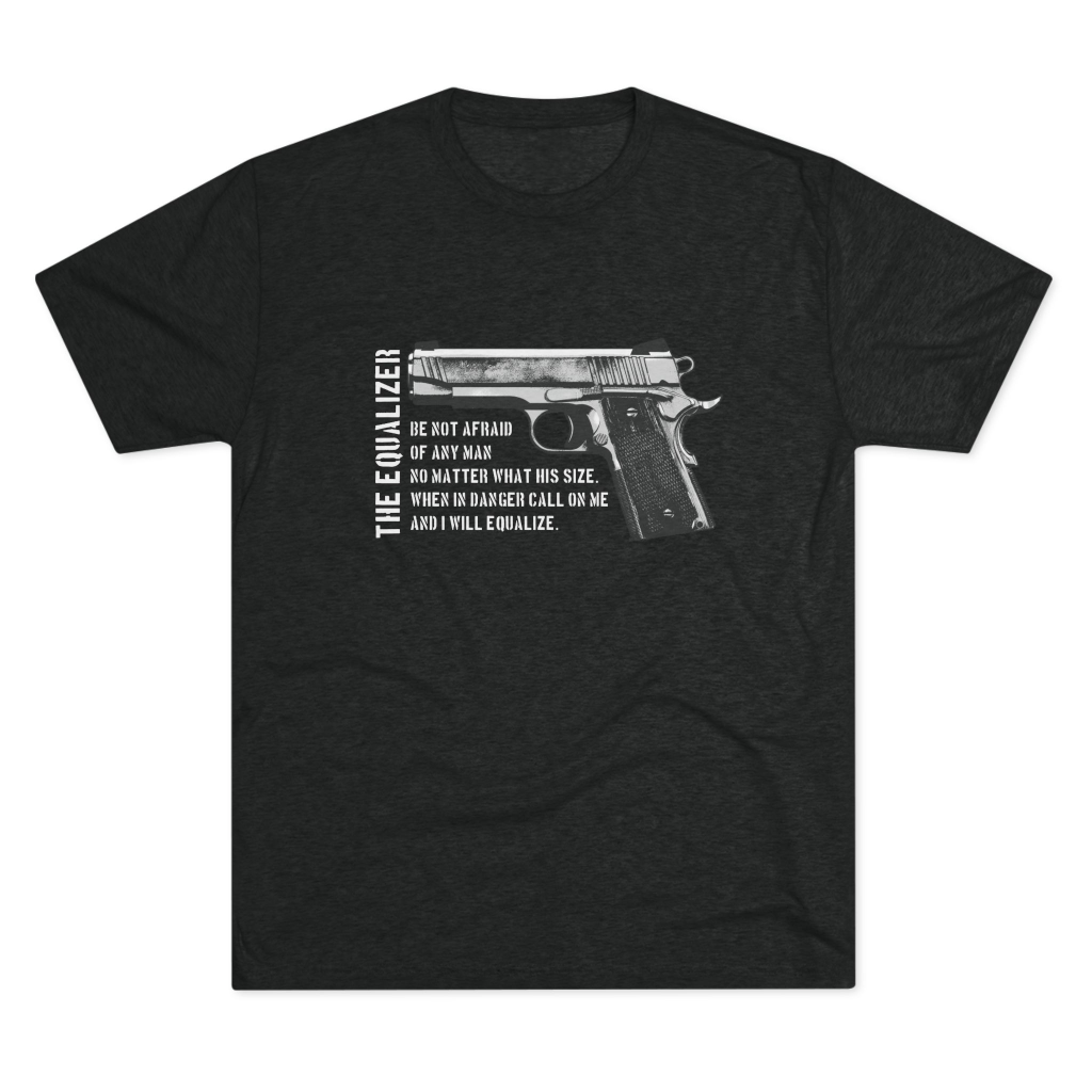 Great Equalizer shirt featuring Colt 1911 pistol graphic with pro gun rights and self defense message